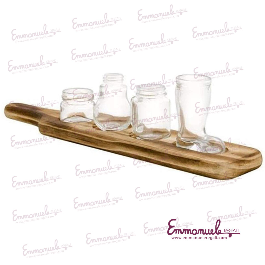 Gli shottini set 4 pz. in vetro con vassoio legno - Brandani-emmanueleregali-bombonieraperfetta