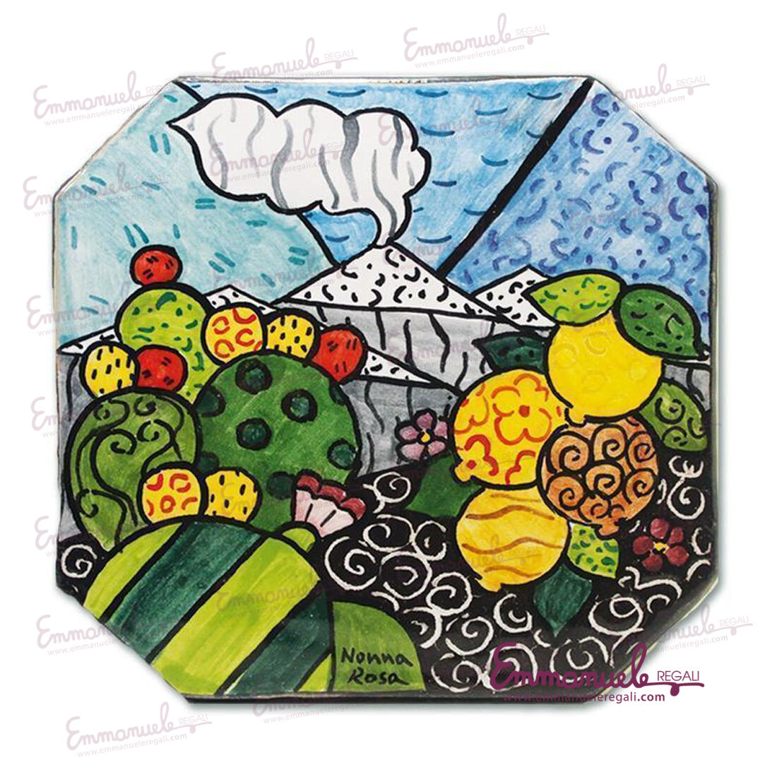 STP1-E.W-Sottopentola Ottagonale Etna decoro Pop Art cm 12-Le Ceramiche di Nonna Rosa-emmanueleregali-bombonieraperfetta